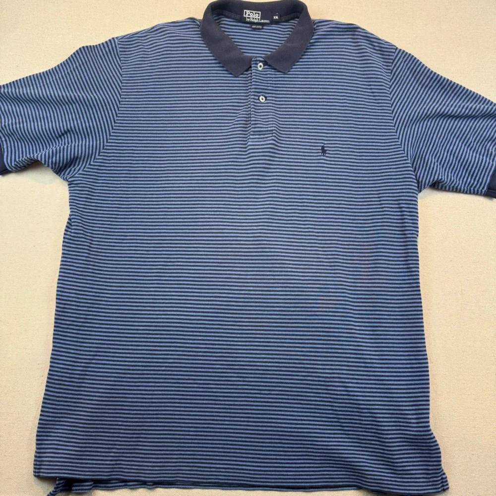 Polo Ralph Lauren XXL Polo Shirt Men Blue Striped Short Sleeve Cotton Pony Logo